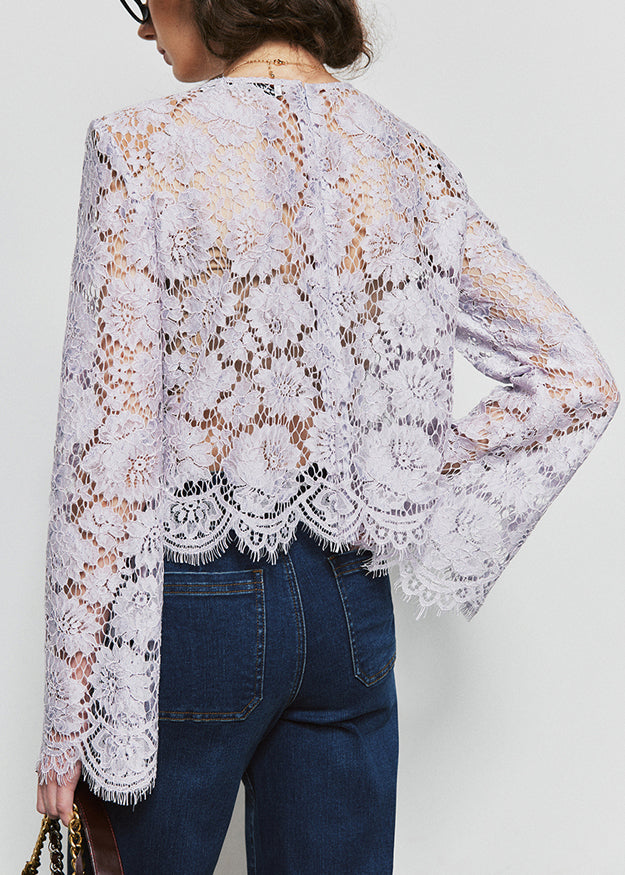 French Purple O Neck Hollow Out Lace Top Fall