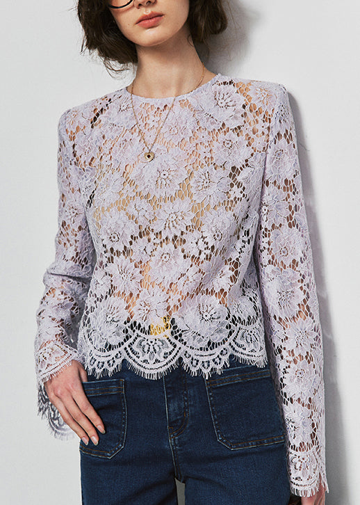 French Purple O Neck Hollow Out Lace Top Fall