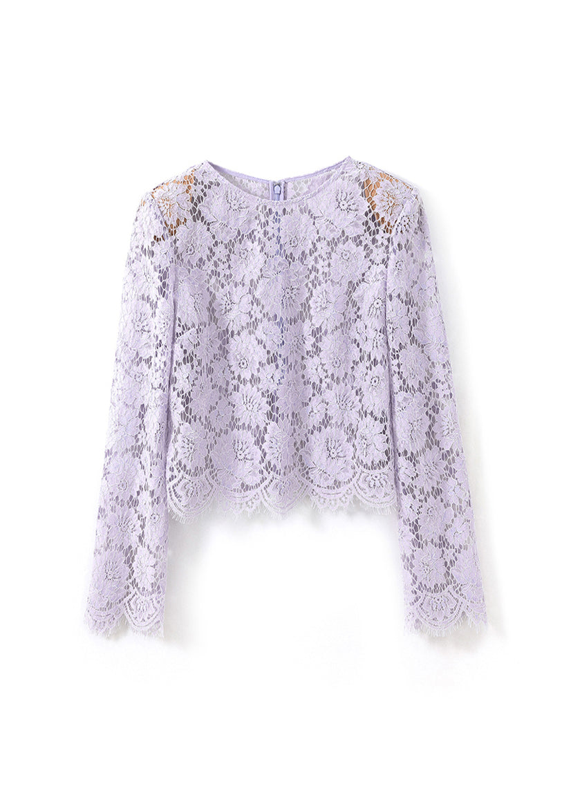French Purple O Neck Hollow Out Lace Top Fall