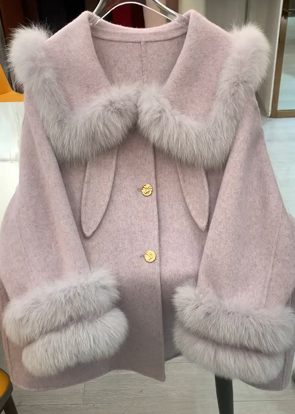 French Purple Oversized Patchwork Faux Fur Woolen Coats Winter