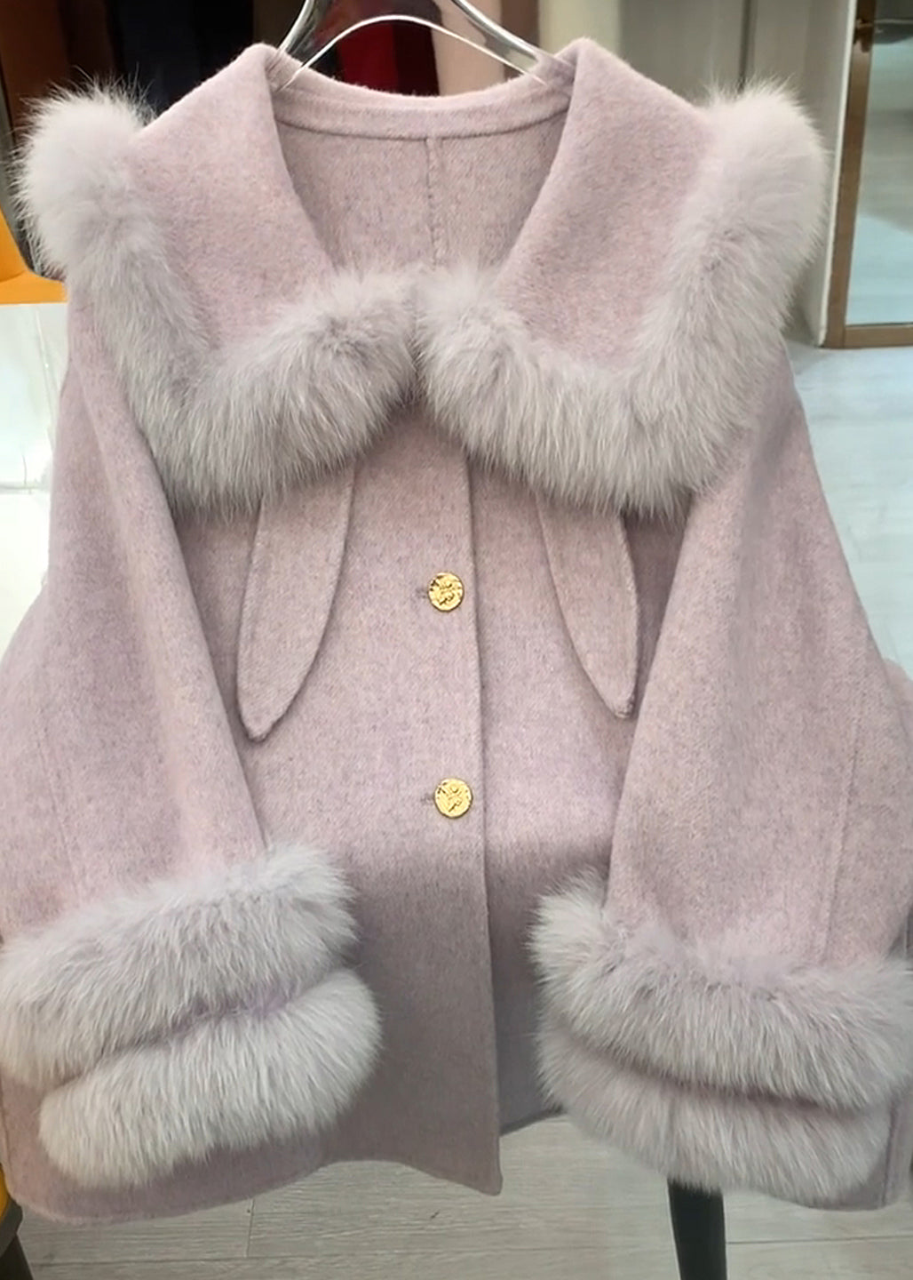 French Purple Oversized Patchwork Faux Fur Woolen Coats Winter
