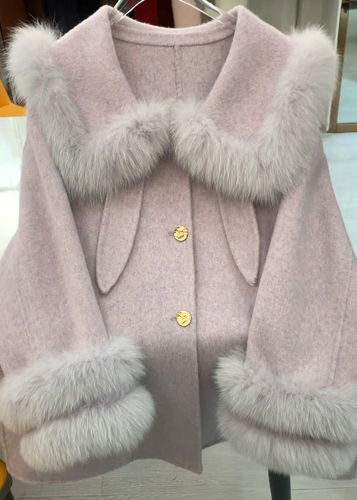 French Purple Oversized Patchwork Faux Fur Woolen Coats Winter
