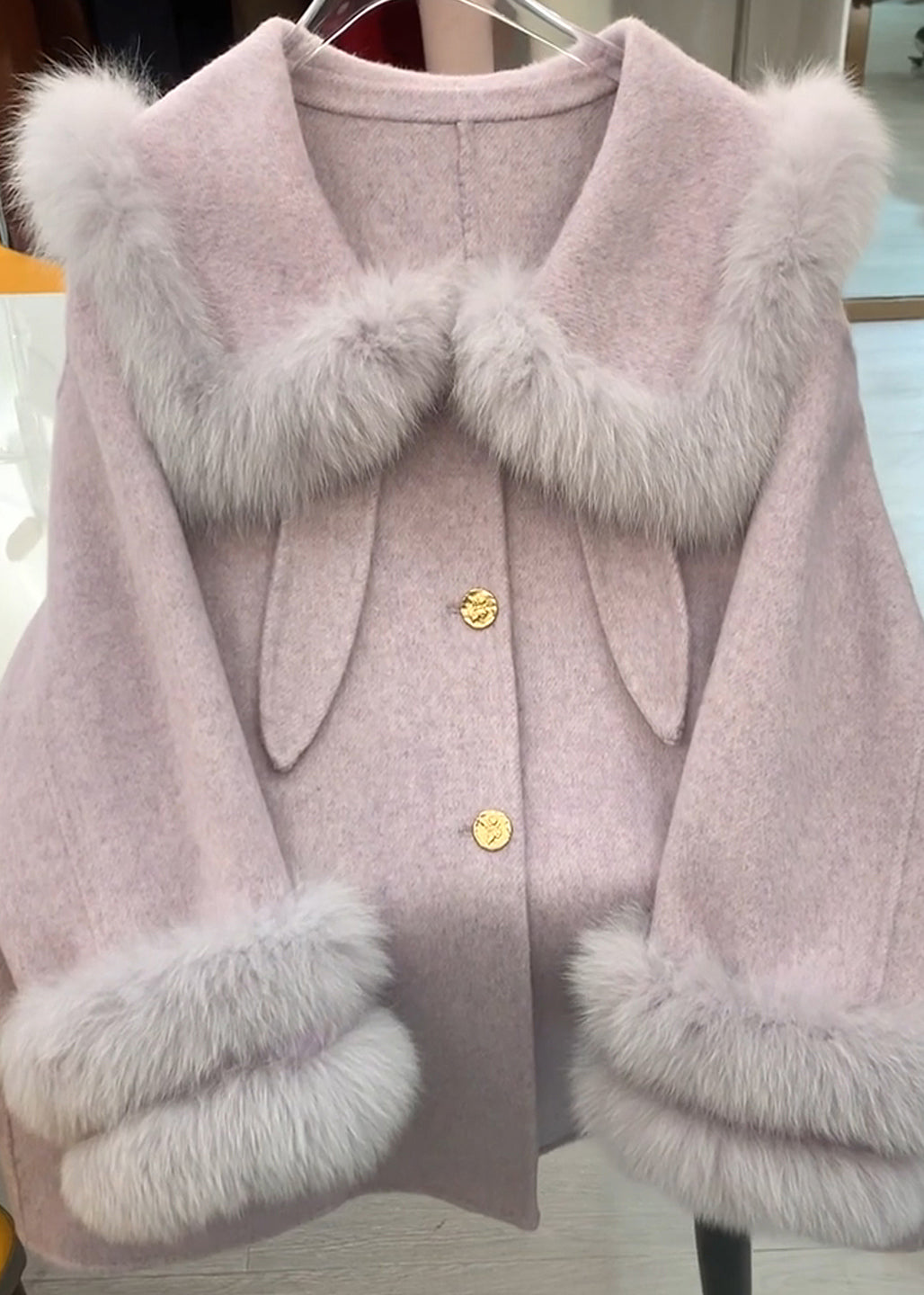 French Purple Oversized Patchwork Faux Fur Woolen Coats Winter