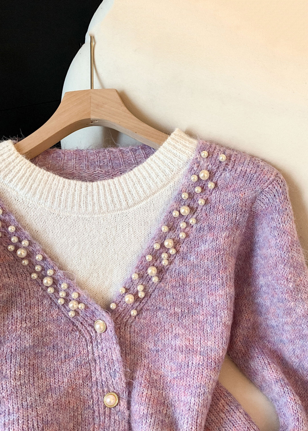 French Purple Pearl Button Patchwork Knit Sweater Spring