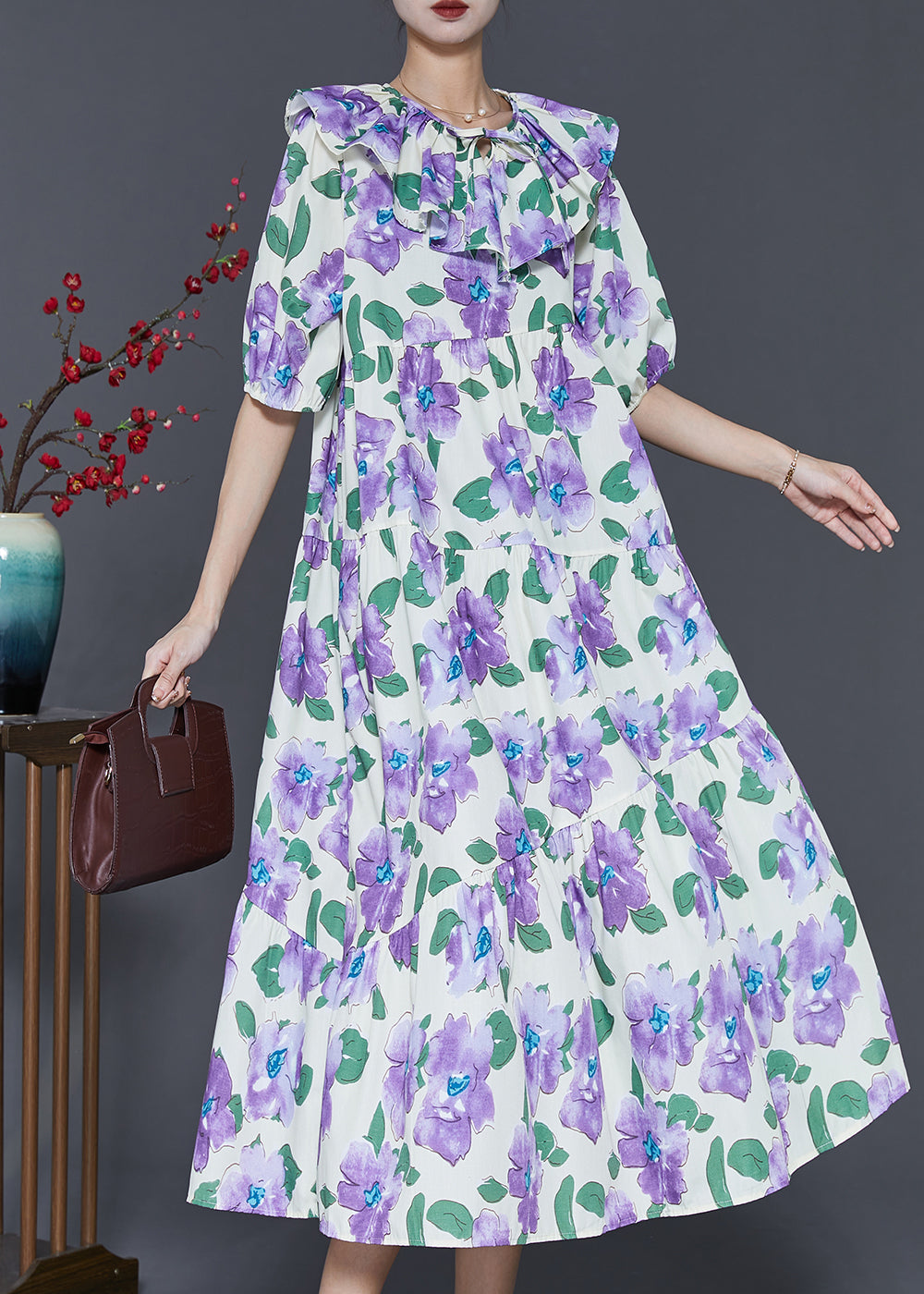 French Purple Peter Pan Collar Floral Cotton Maxi Dresses Summer