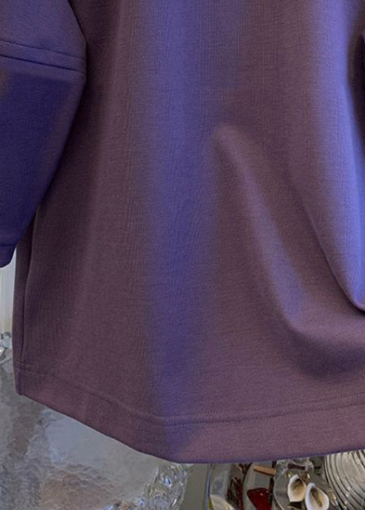 French Purple Peter Pan Collar Patchwork Cotton Tops Fall
