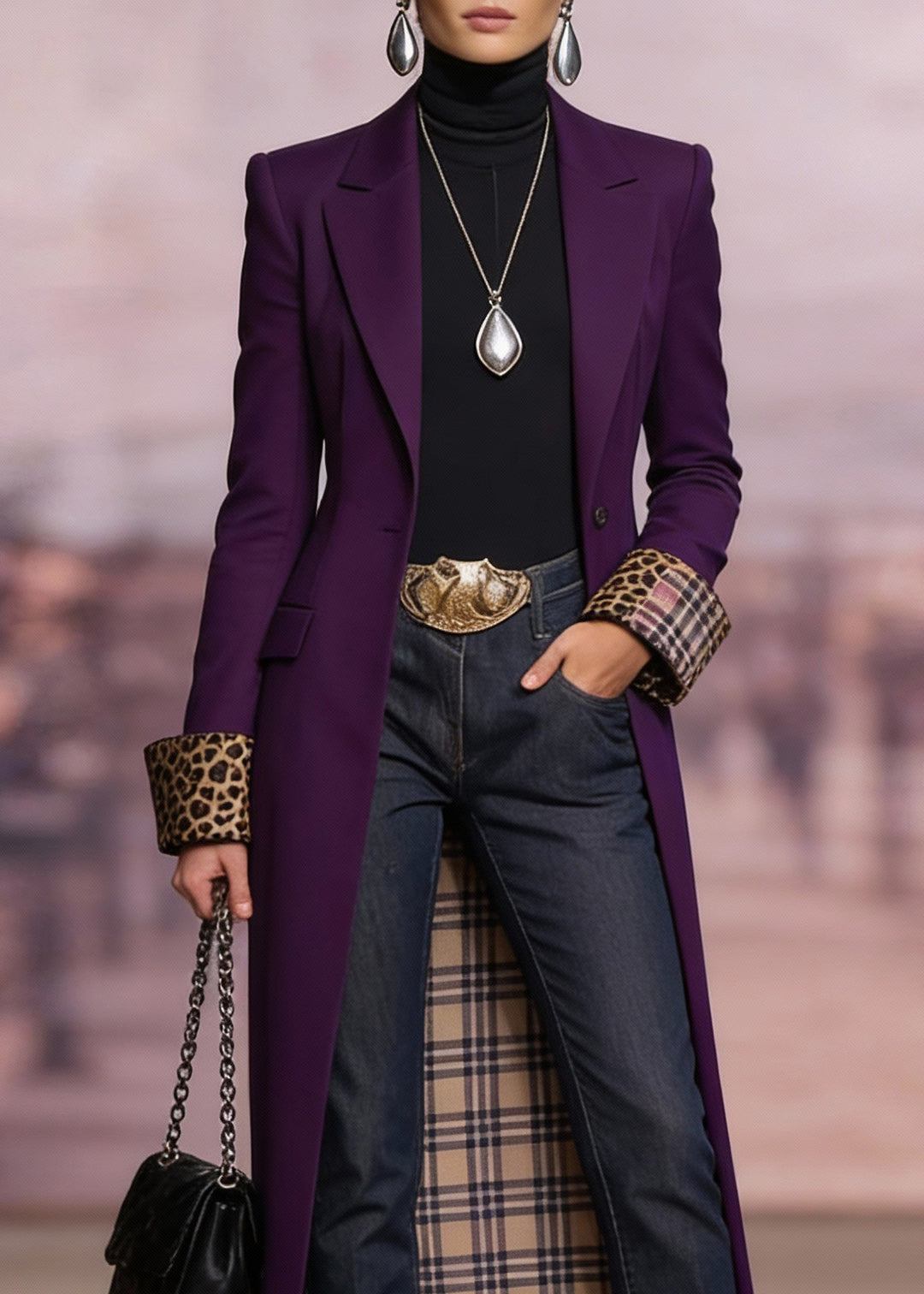 French Purple Peter Pan Collar Pockets Long Trench Coat Spring