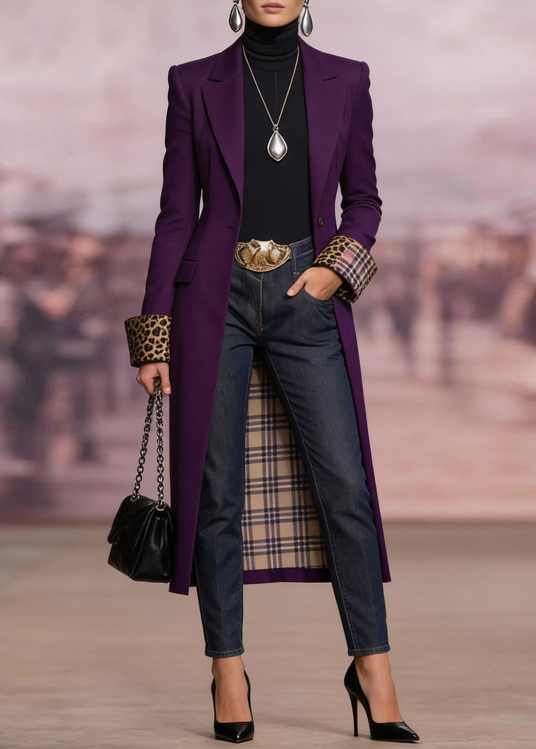 French Purple Peter Pan Collar Pockets Long Trench Coat Spring