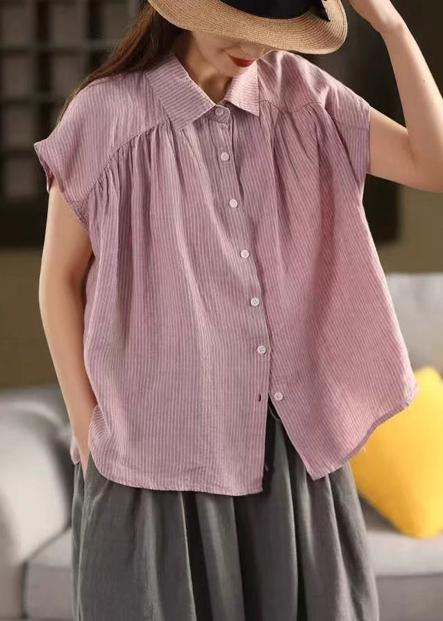 French Purple Peter Pan Striped Collar Linen Blouses Summer
