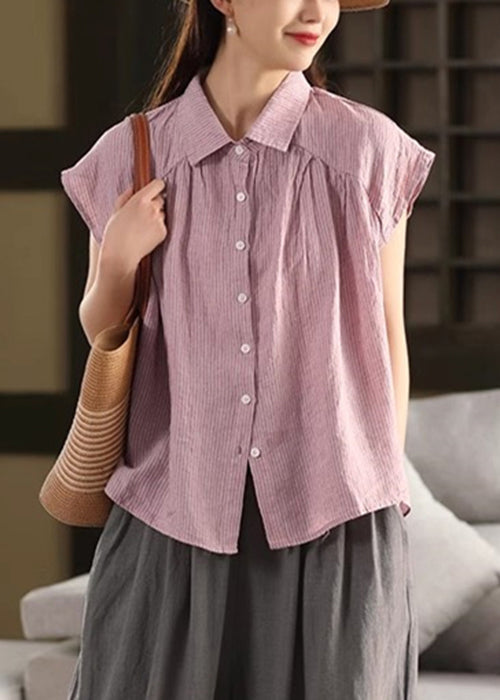 French Purple Peter Pan Striped Collar Linen Blouses Summer