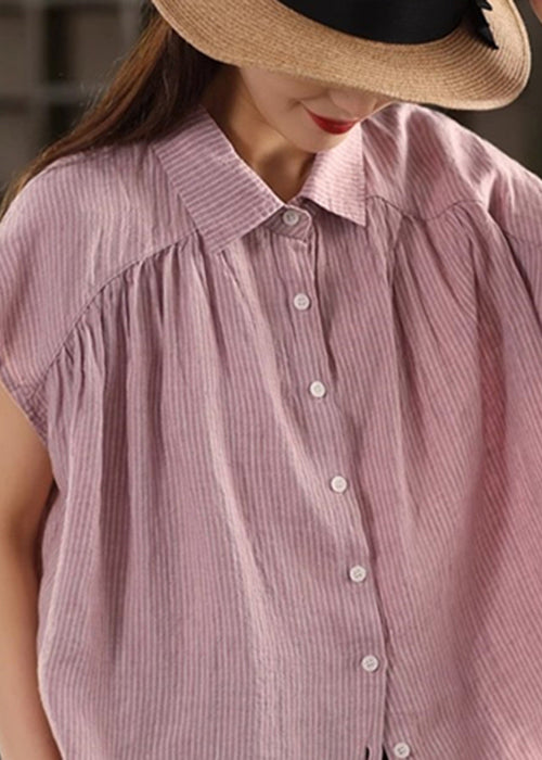 French Purple Peter Pan Striped Collar Linen Blouses Summer