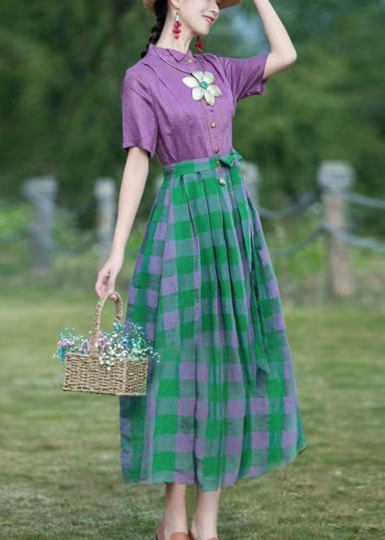 French Purple Plaid Lace Up Patchwork Cotton Long Dress Summer