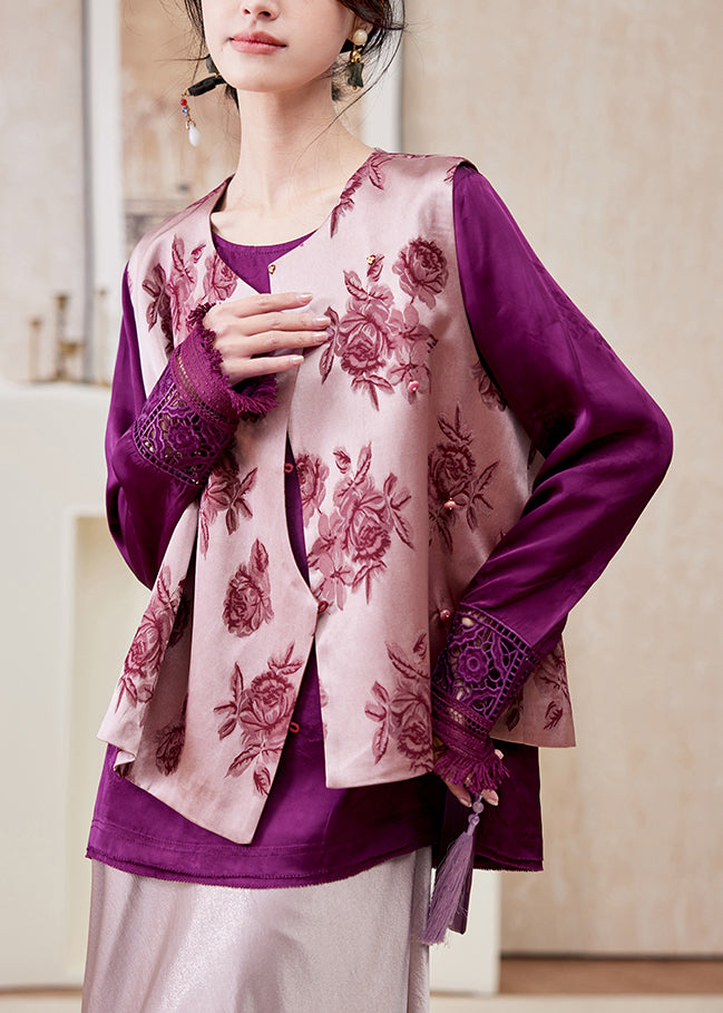 French Purple Print Button Waistcoat Spring