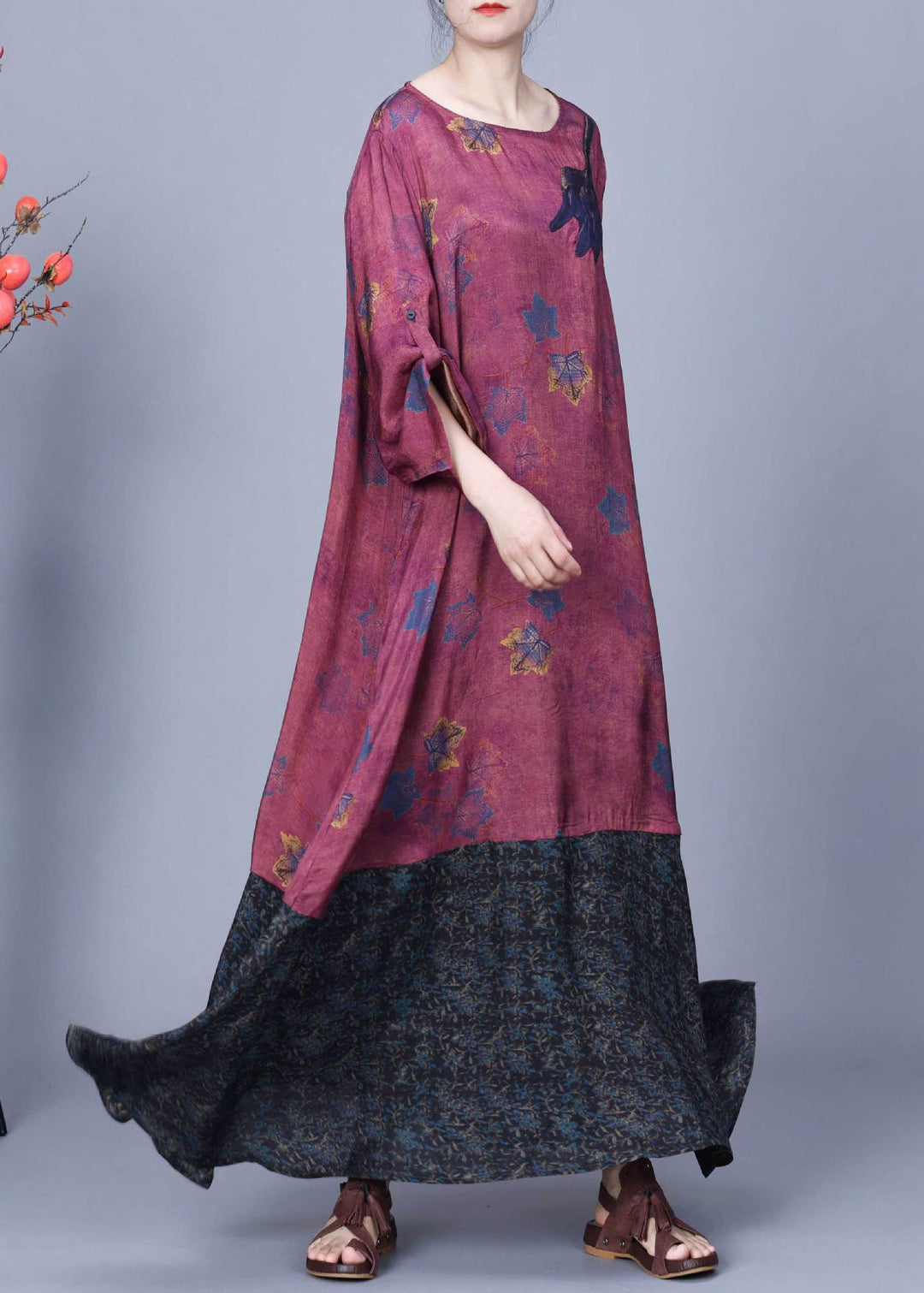 French Purple Red Print Pockets Patchwork Cotton Long Dresses Spring
