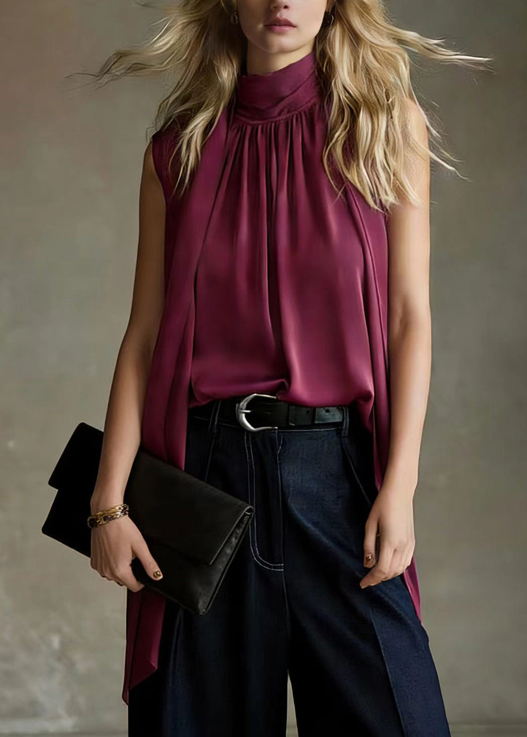 French Purple Ribbon Pleated Silk Top Sleeveless
