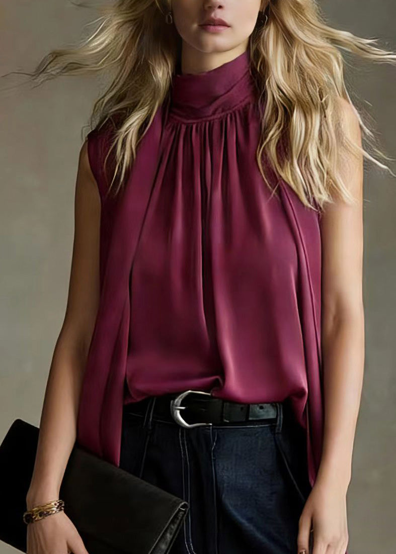 French Purple Ribbon Pleated Silk Top Sleeveless