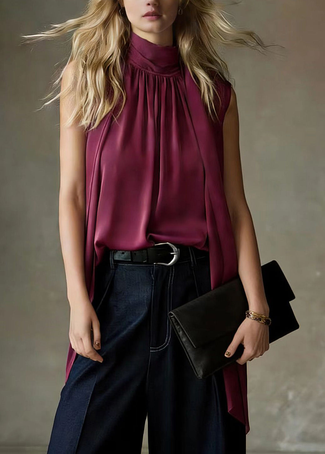 French Purple Ribbon Pleated Silk Top Sleeveless