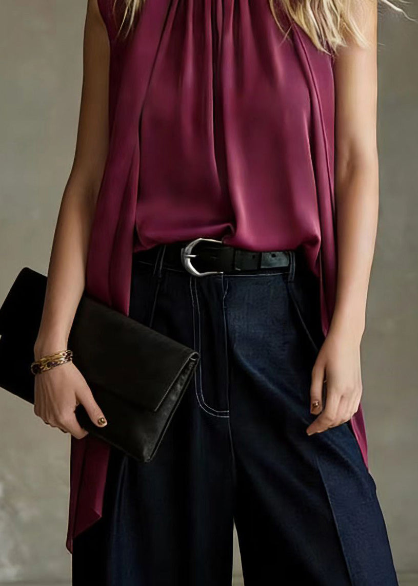 French Purple Ribbon Pleated Silk Top Sleeveless