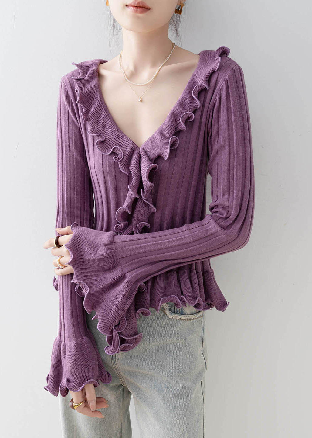 French Purple Ruffled Patchwork Knit Top Flare Sleeve