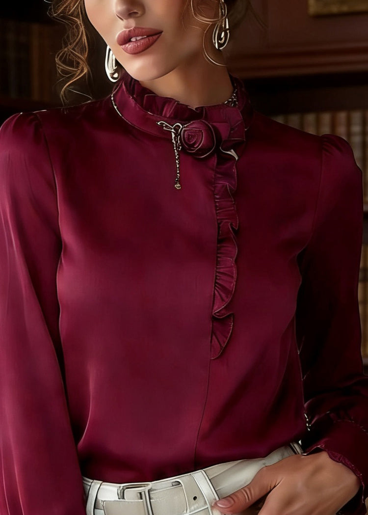 French Purple Ruffled Patchwork Solid Silk Shirt Lantern Sleeve - Omychic