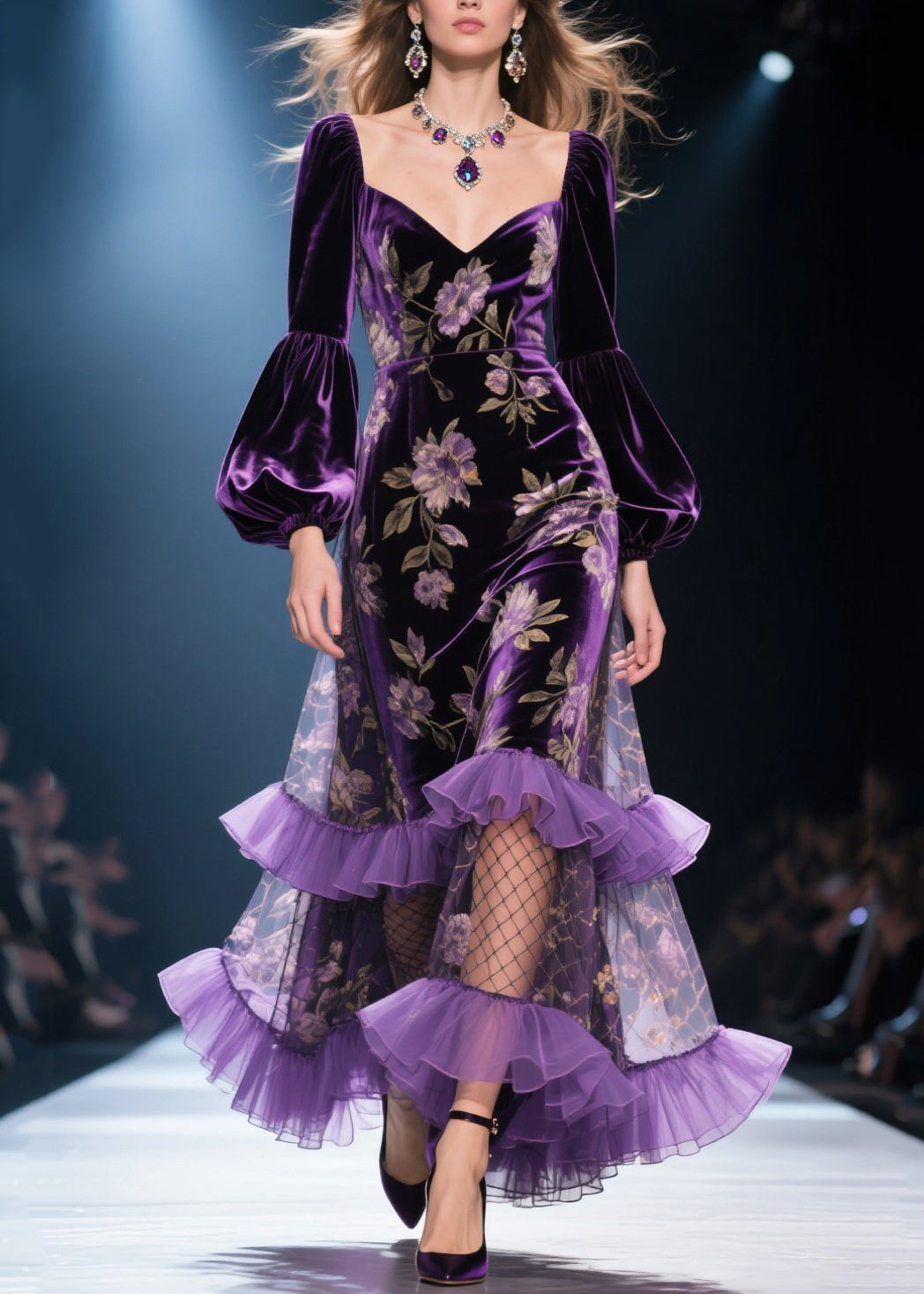 French Purple Ruffled Print Patchwork Velvet Dresses Fall