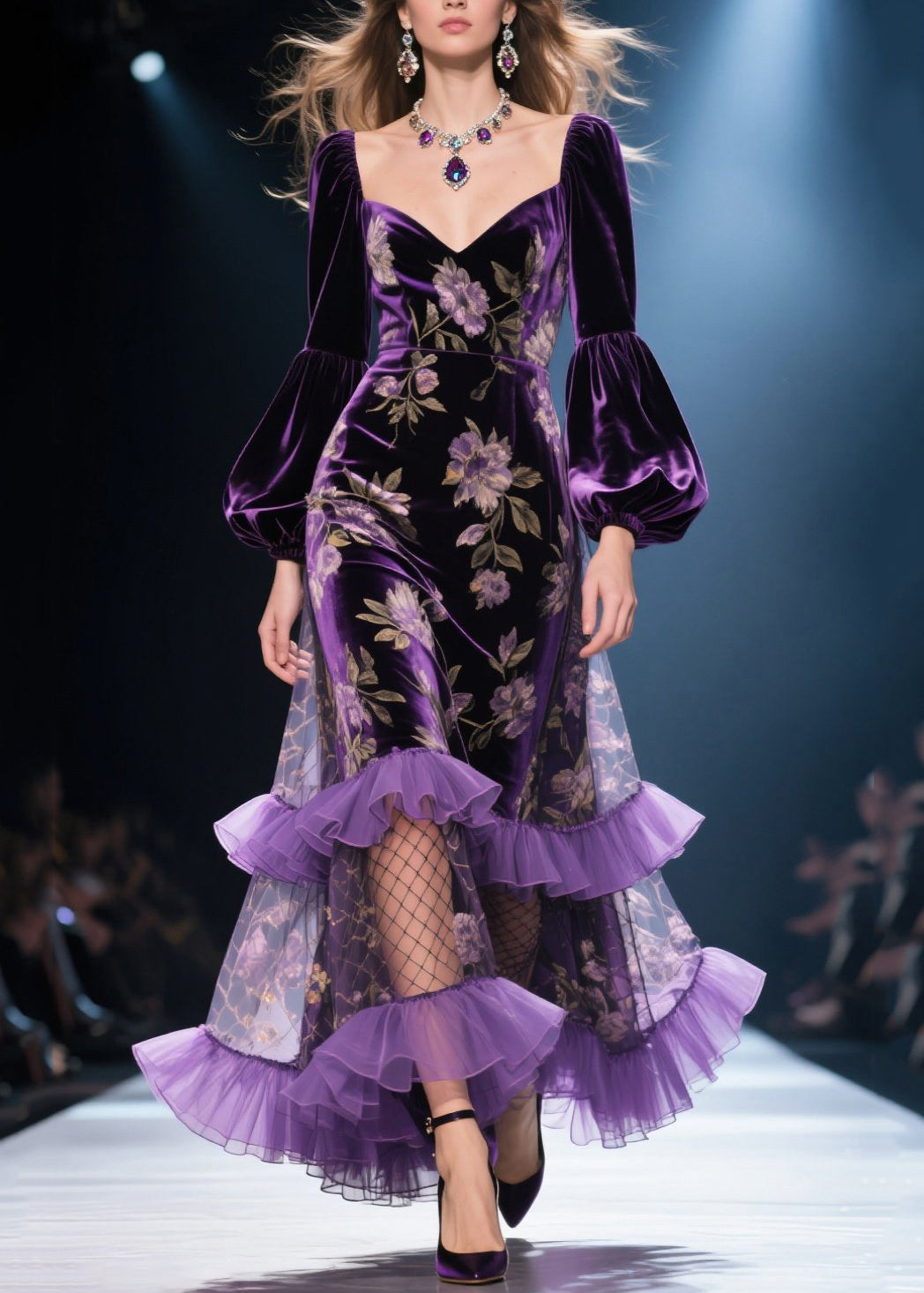 French Purple Ruffled Print Patchwork Velvet Dresses Fall