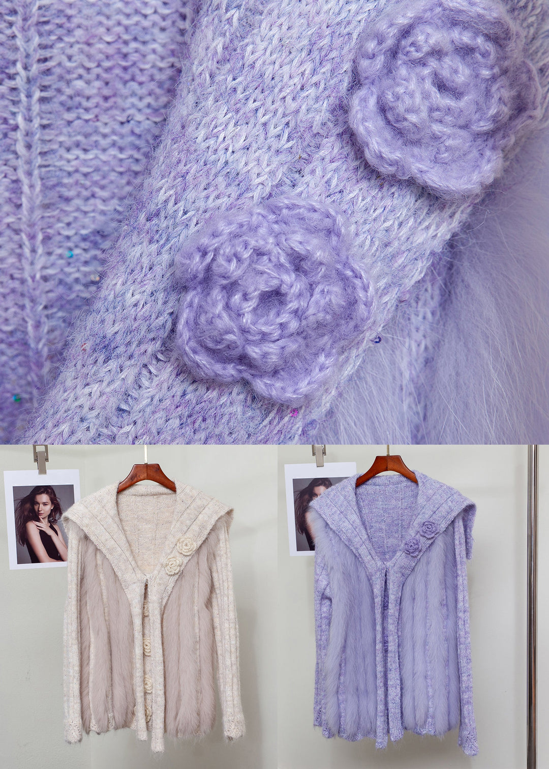 French Purple Sailor Collar Fox Fur Patchwork Knit Sweaters Winter