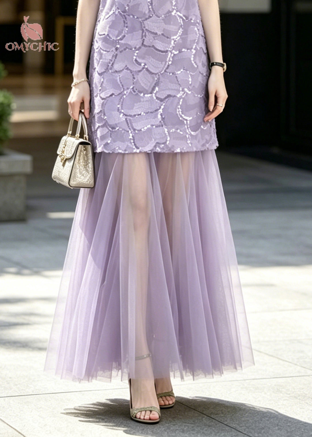 French Purple Sequins Patchwork Tulle Party Dress Sleeveless