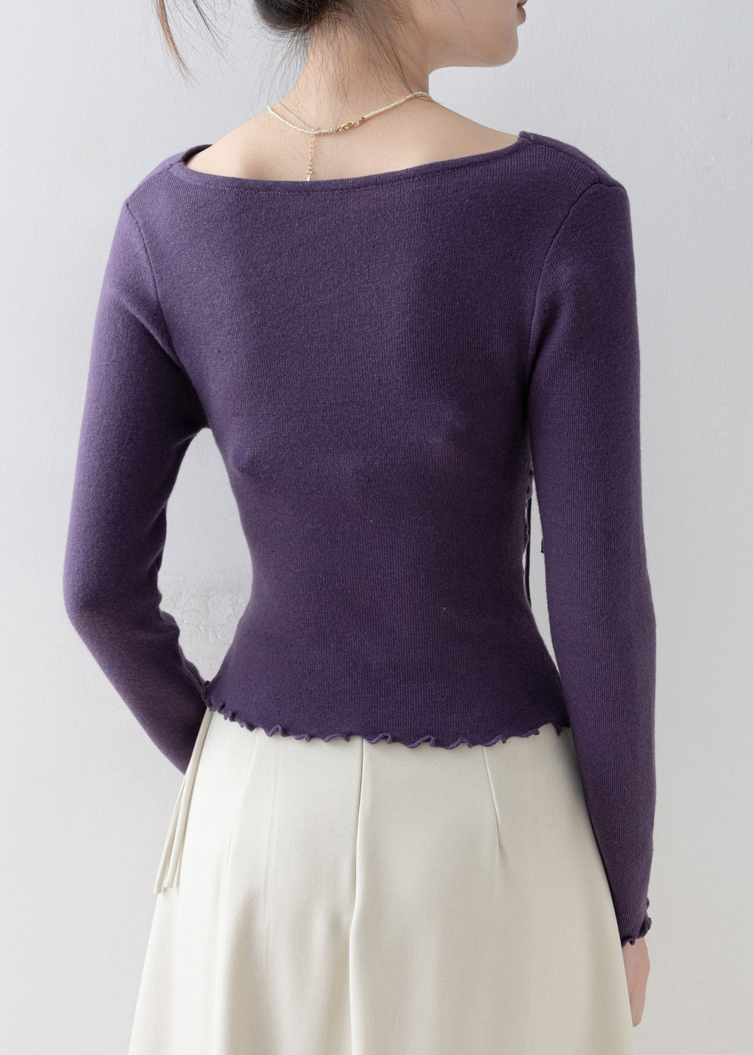 French Purple Slash Neck Ruffled Floral Knit Top Spring