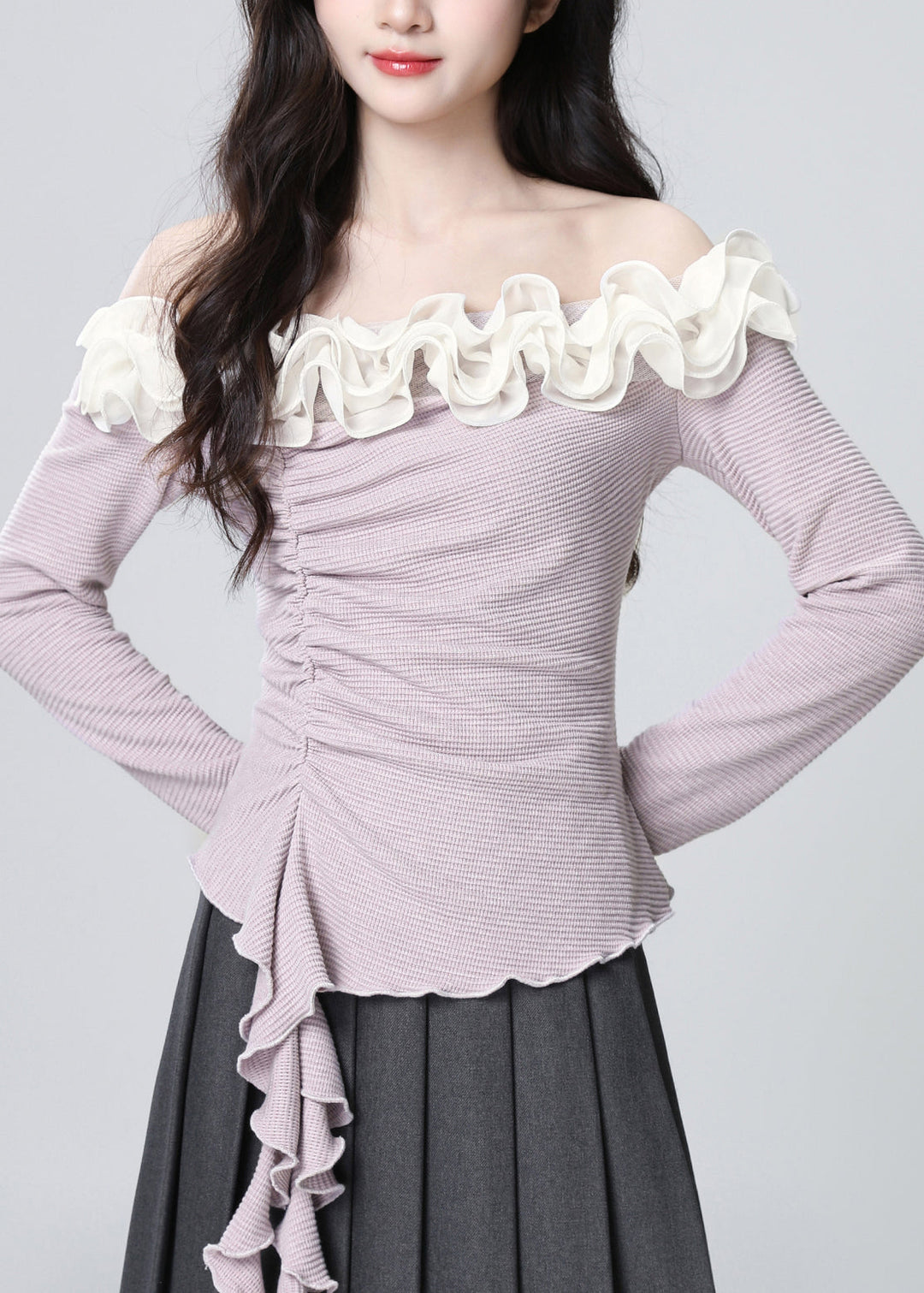 French Purple Slash Neck Ruffled Patchwork Cotton Top Spring