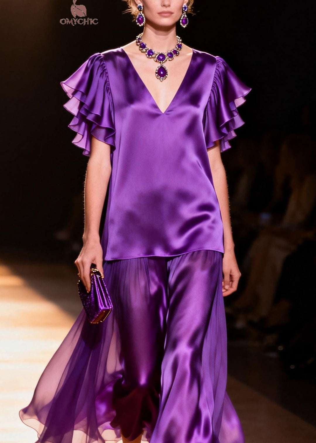 French Purple V Neck Patchwork Silk Dress Butterfly Sleeve