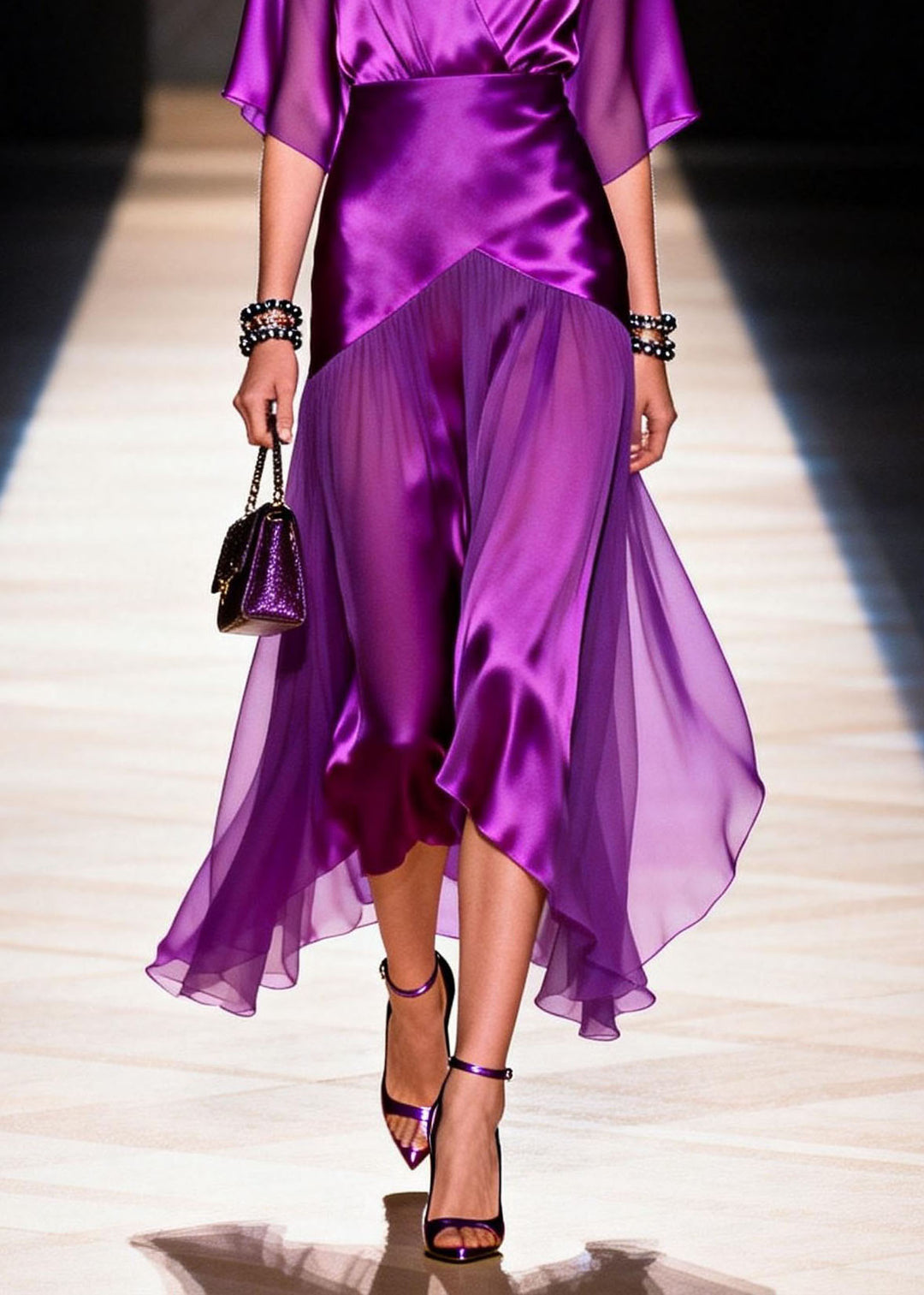French Purple V Neck Patchwork Silk Dresses Summer
