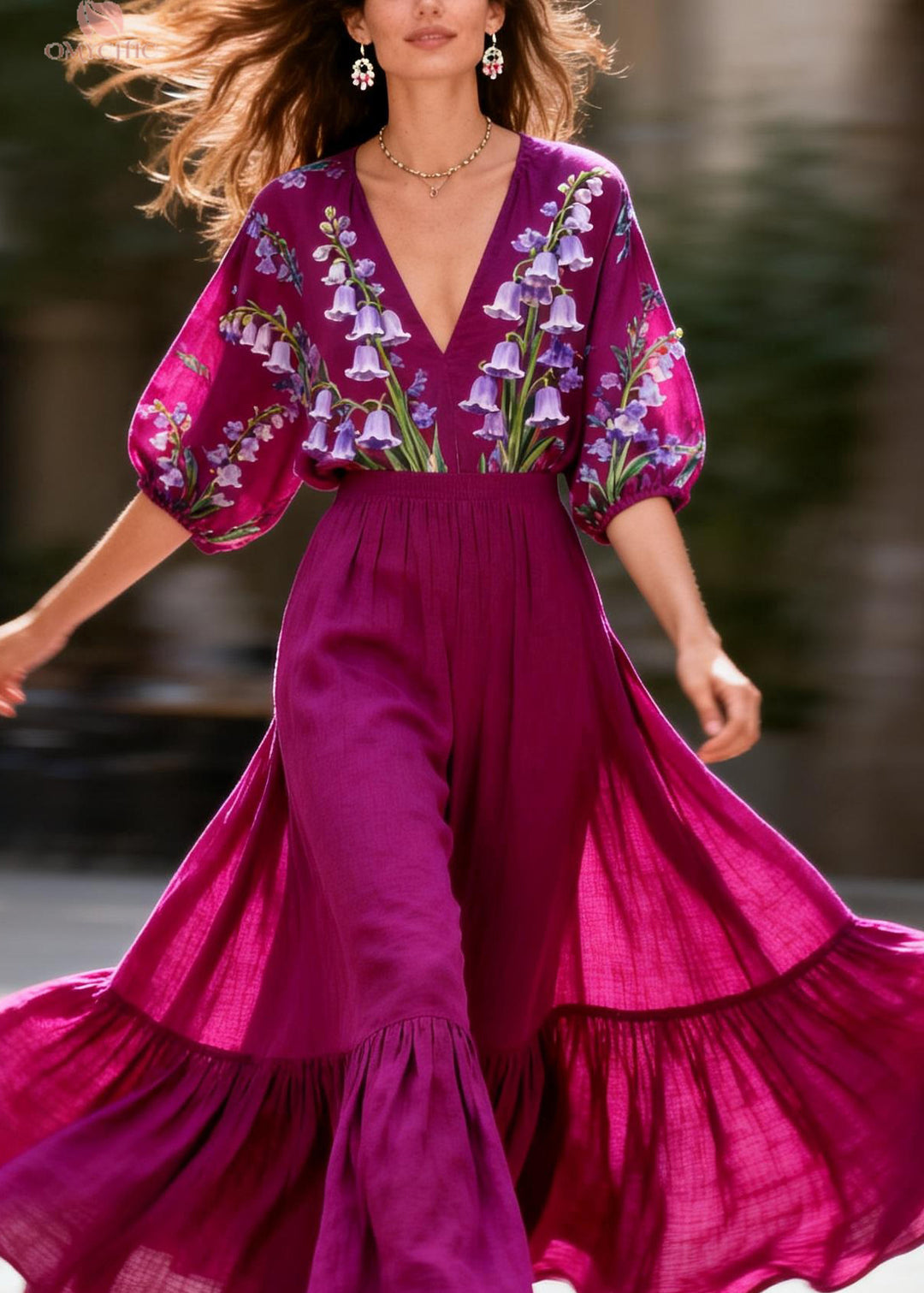 French Purple V Neck Print Patchwork Cotton Two Pieces Set Summer