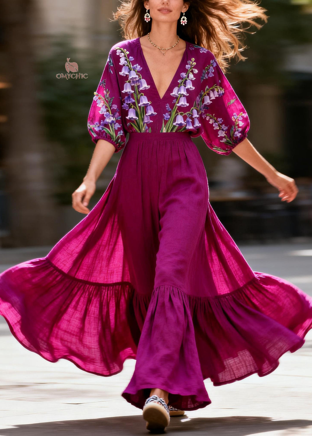 French Purple V Neck Print Patchwork Cotton Two Pieces Set Summer