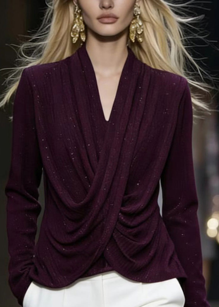 French Purple V Neck Wrinkled Cotton Shirt Top Spring