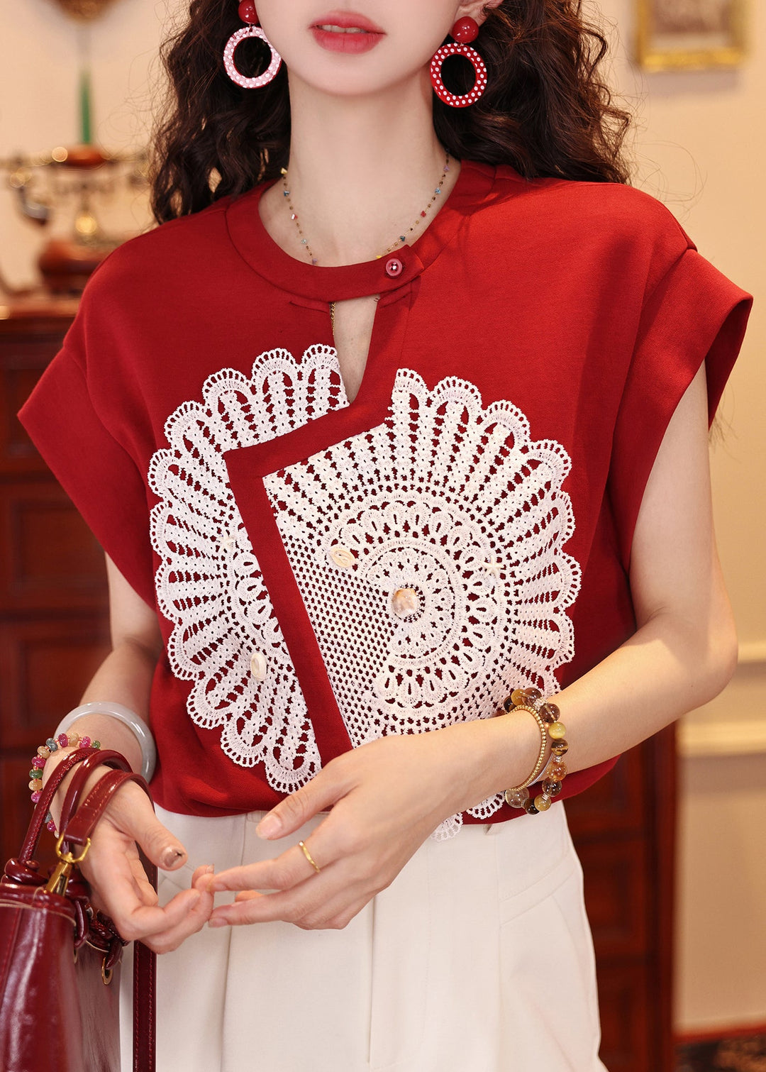 French Red Asymmetrical Patchwork Lace Tank Tops Summer