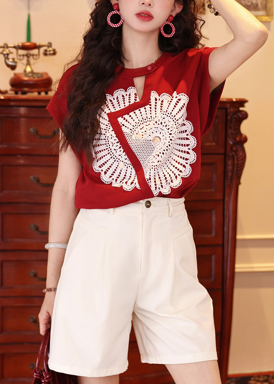 French Red Asymmetrical Patchwork Lace Tank Tops Summer