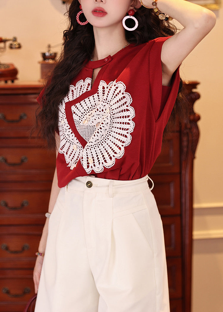 French Red Asymmetrical Patchwork Lace Tank Tops Summer