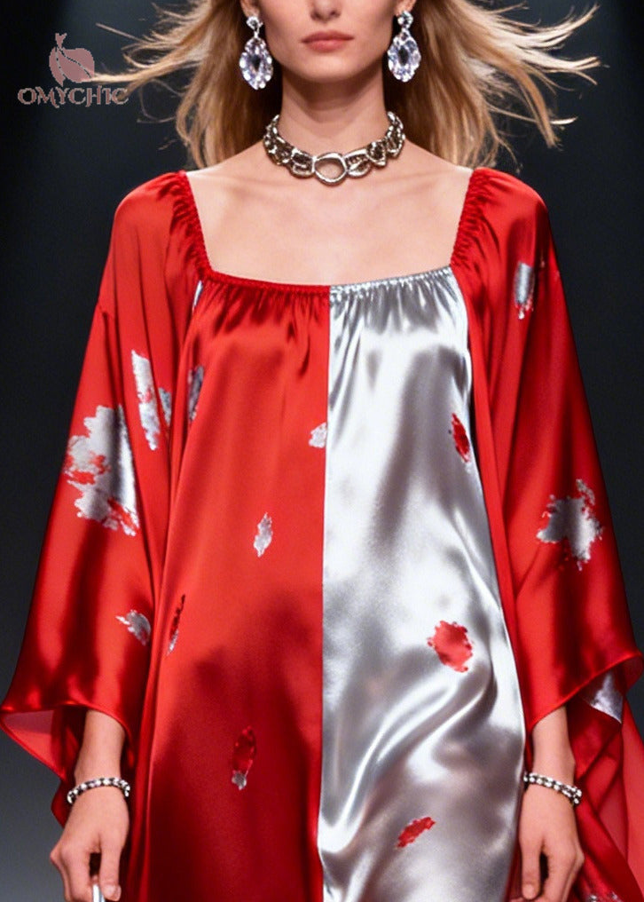 French Red Asymmetrical Patchwork Print Chiffon Maxi Dress Summer