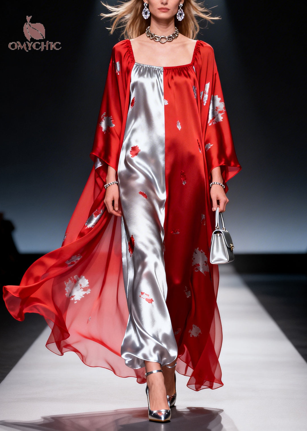 French Red Asymmetrical Patchwork Print Chiffon Maxi Dress Summer
