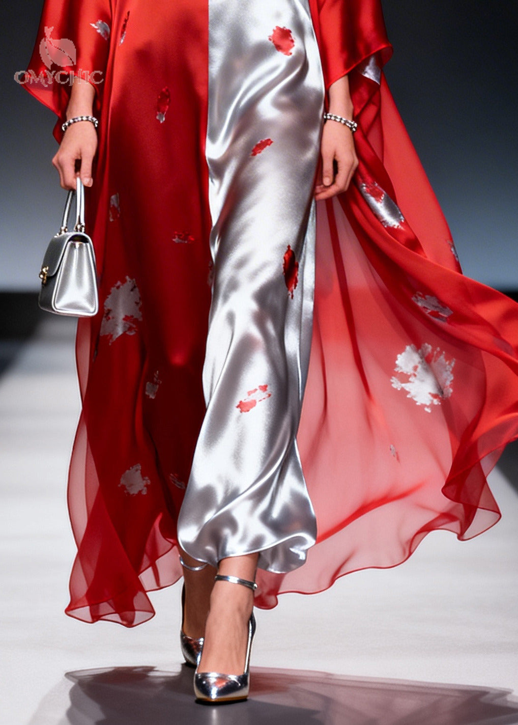 French Red Asymmetrical Patchwork Print Chiffon Maxi Dress Summer