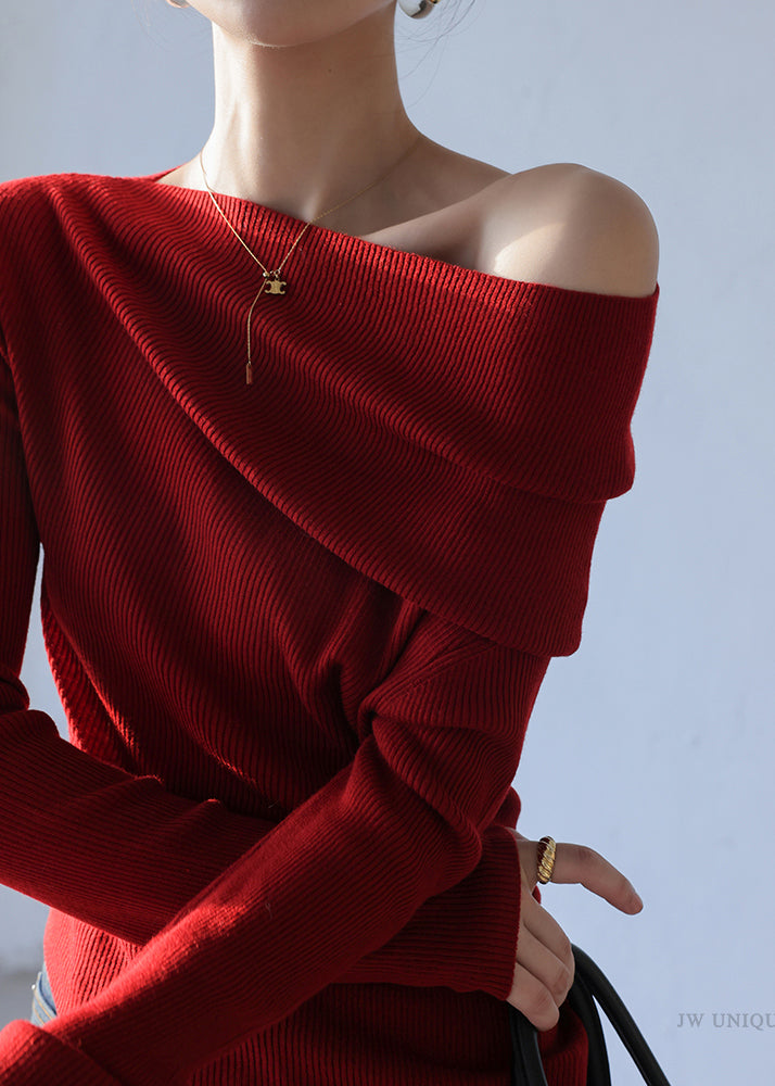 French Red Cold Shoulder Silm Fit Knit Tops Spring