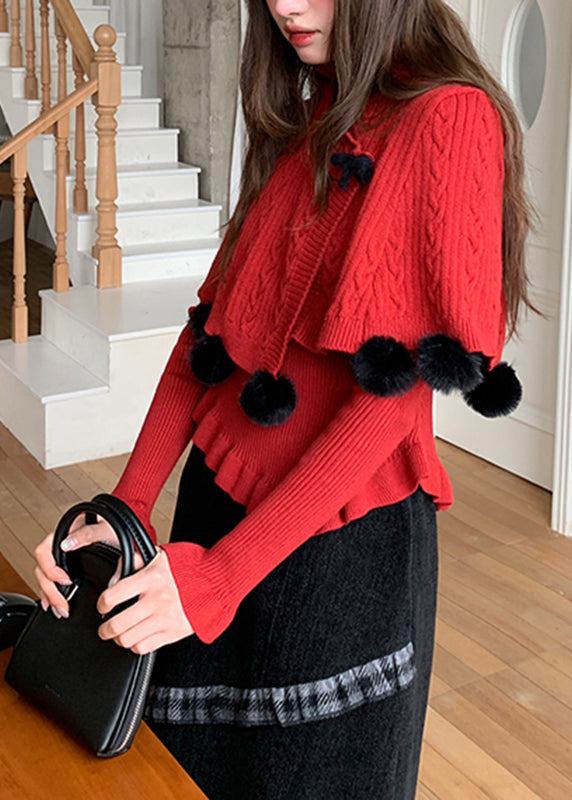 French Red Fuzzy Ball Decorated Cotton Knit Cloak And Sweaters Two-Piece Set Fall