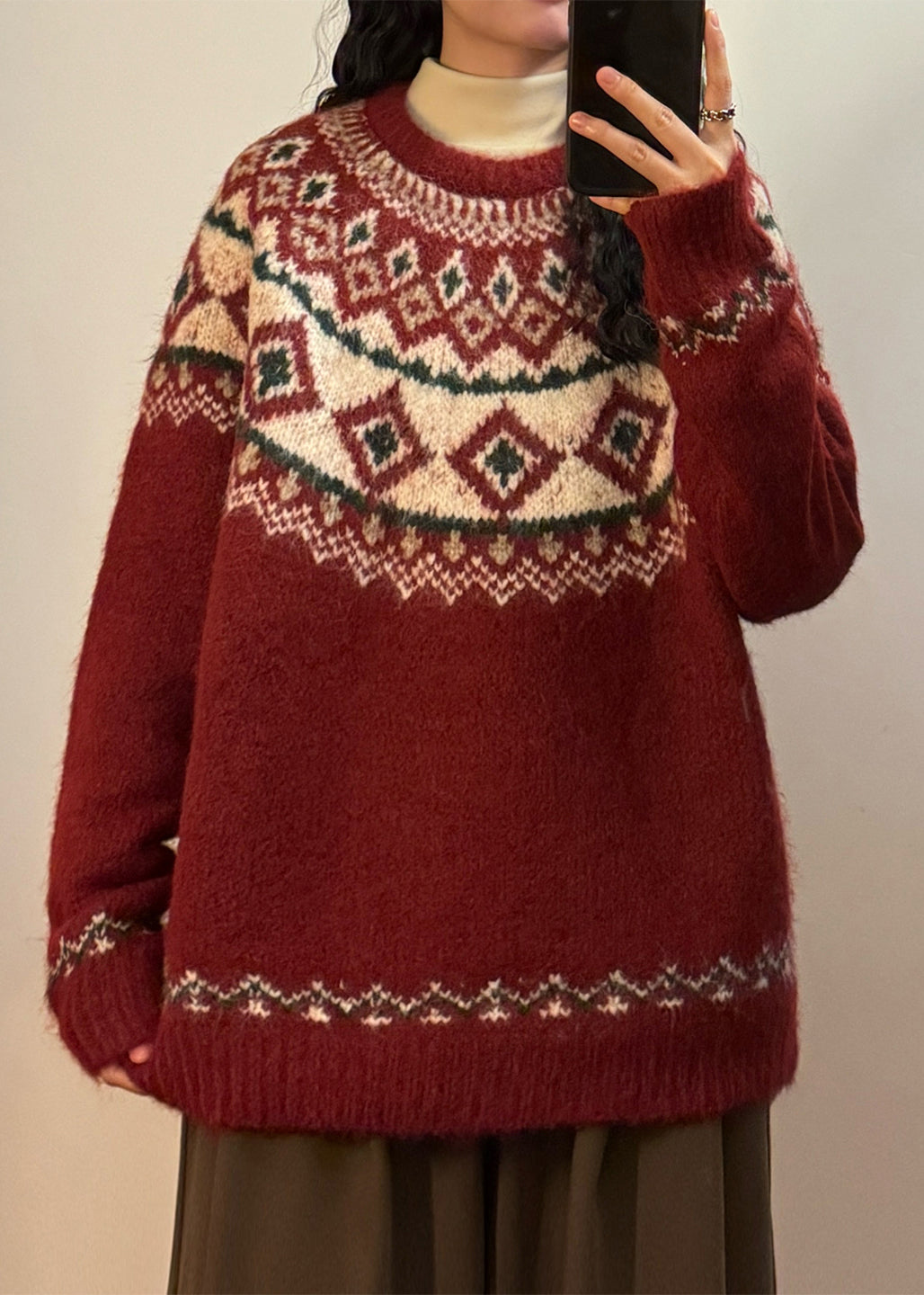 French Red Geometric Cozy Knit Coats Spring