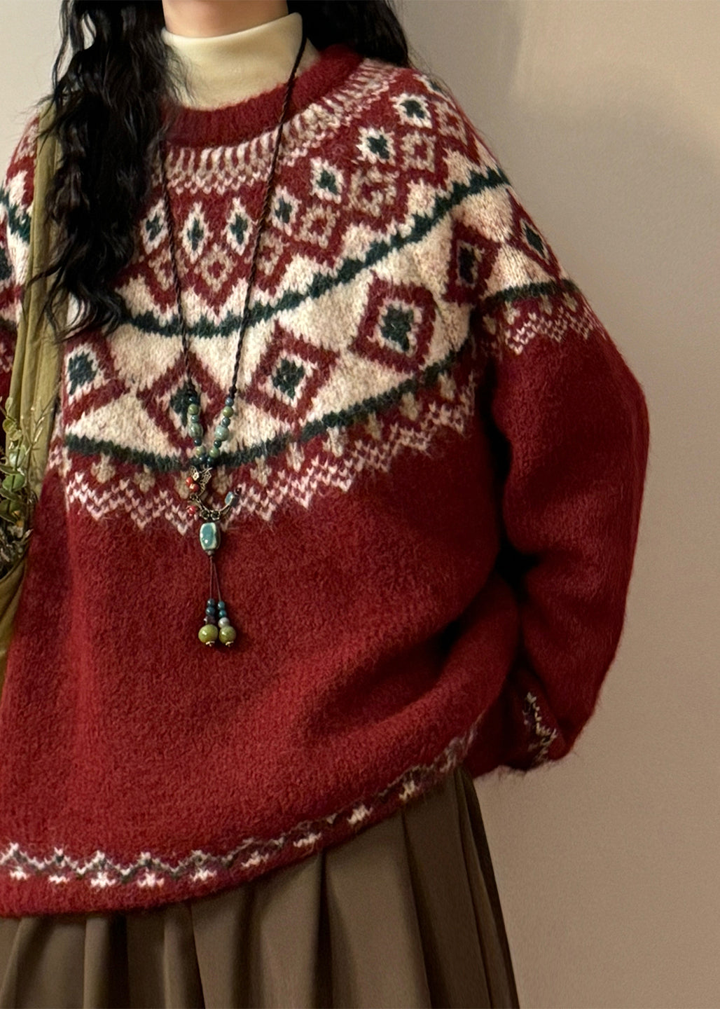 French Red Geometric Cozy Knit Coats Spring