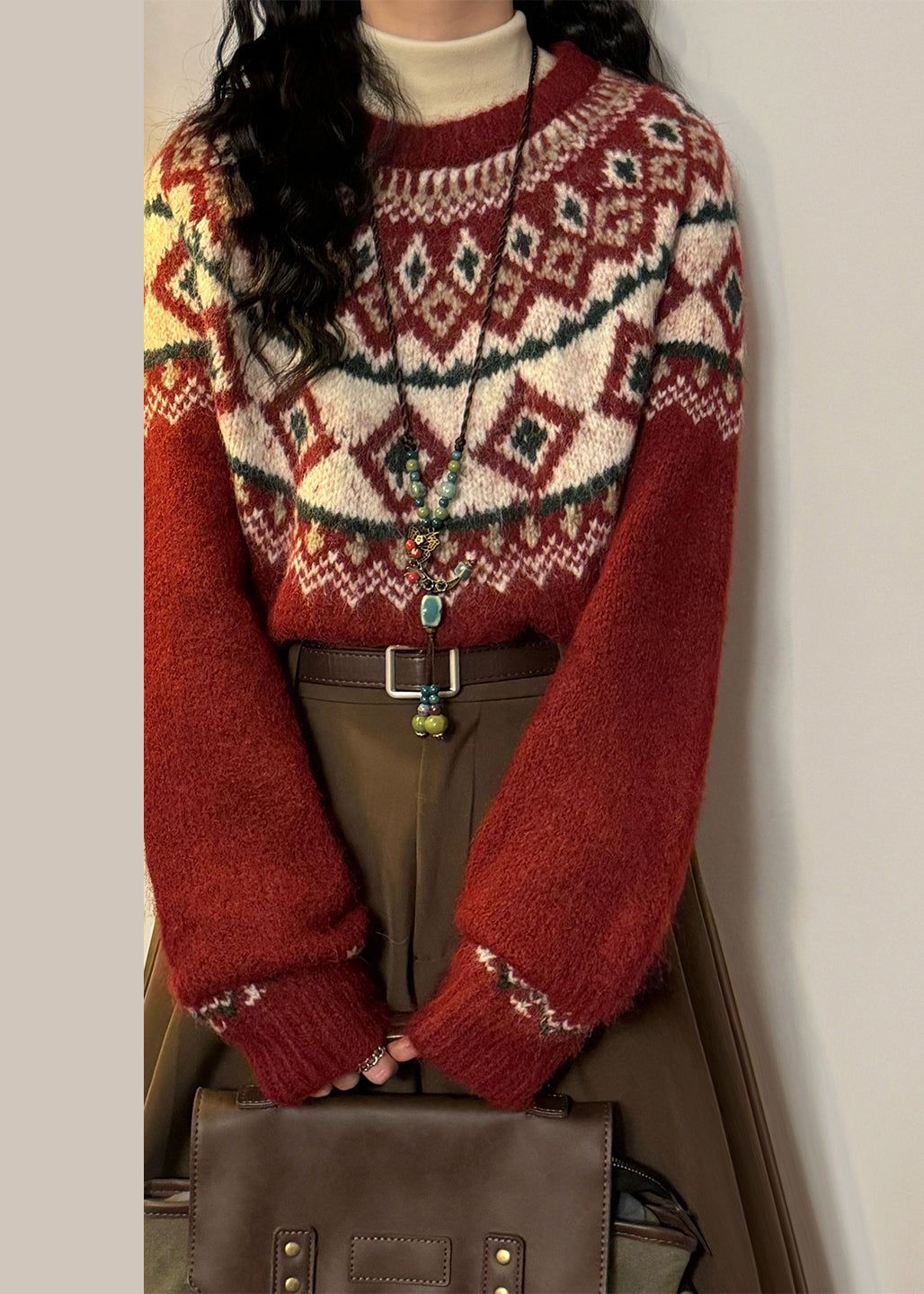 French Red Geometric Cozy Knit Coats Spring