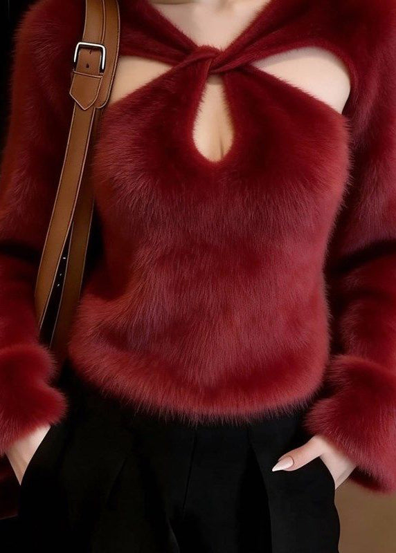French Red Hollow Out Thick Mink Velvet Top Lantern Sleeve