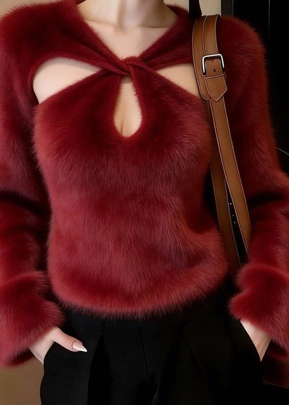 French Red Hollow Out Thick Mink Velvet Top Lantern Sleeve