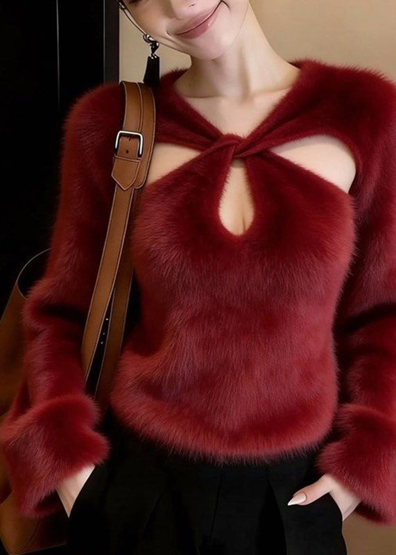 French Red Hollow Out Thick Mink Velvet Top Lantern Sleeve