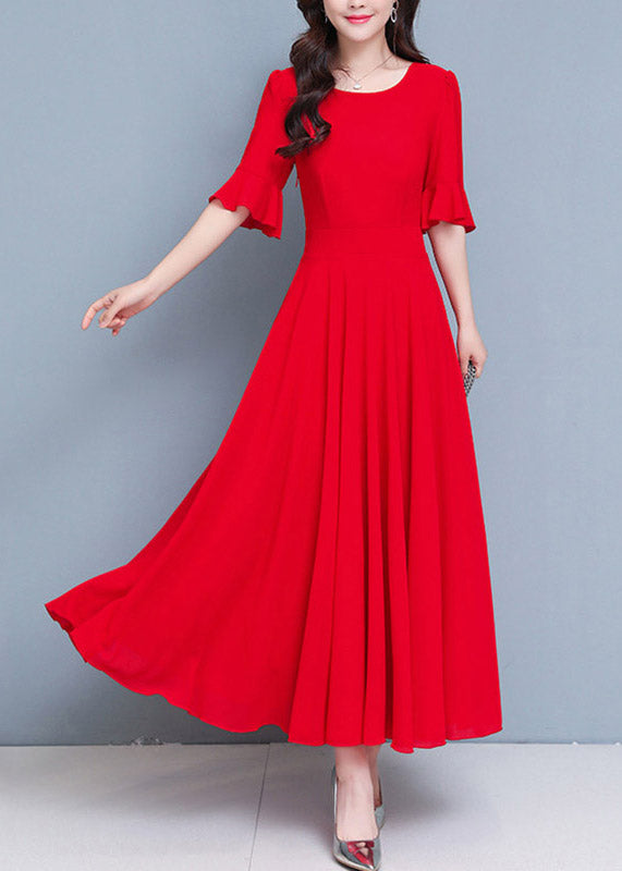 French Red O-Neck Patchwork High Waist Solid Maxi Dress Summer